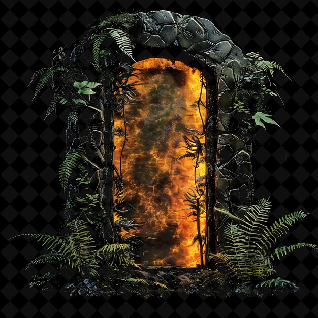 PSD prehistoric swamp gate with dinosaur footprints and giant fe png y2k shape neon color collection