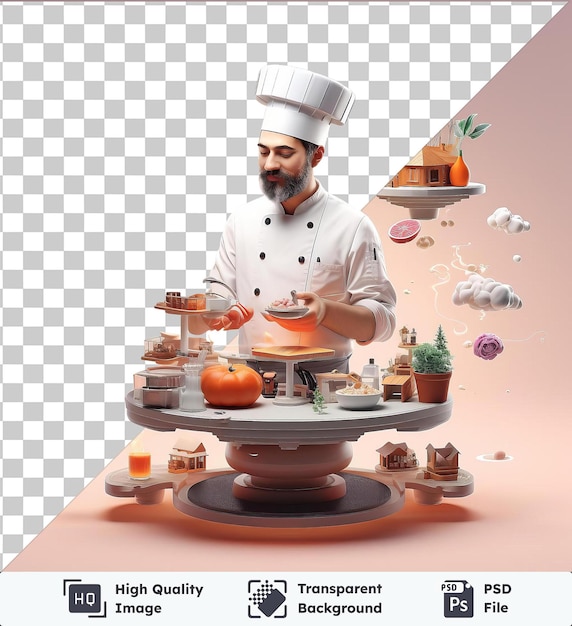 premium of 3d chef cooking a gourmet meal in front of a large window surrounded by a wooden table and shelves with a brown bowl and white plate on the left and a