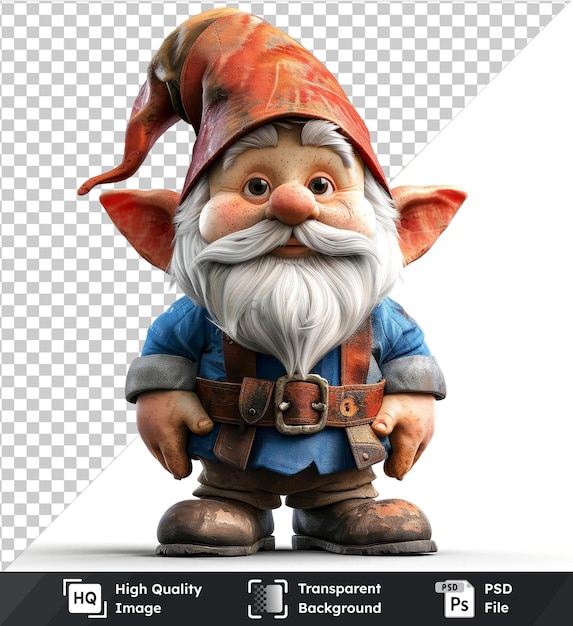 Premium of 3D gnome character in blue shirt orange hat brown belt with unique features isolated