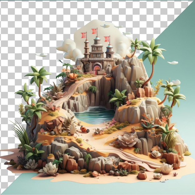 Premium of 3D pirate cartoon hunting for hidden treasure on a desert island