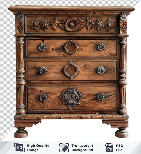 premium of antique wooden chest of drawers isolated on a transparent background