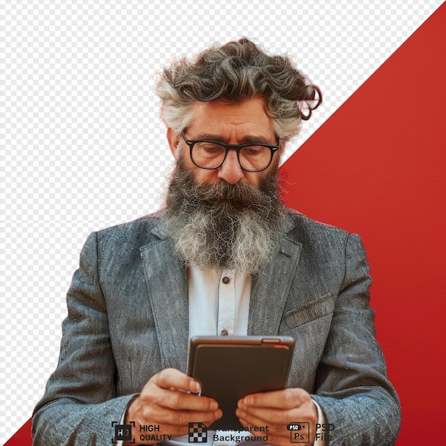 premium of bearded businessman with a device in hands waiting for somenbody png