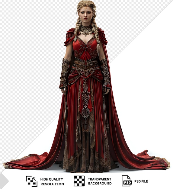 premium of beyla norse goddess of the moon wearing a red dress and gold necklace with long blond hair and a long arm stands in front of a red background