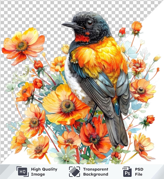 PSD premium of a bird on orange flower bouquet with black head and beak amid yellow and orange flowers