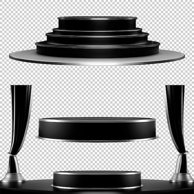 Premium Black and Silver Stage with Curtains on Transparent PNG Background