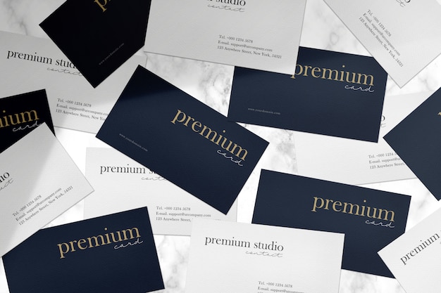 Premium business card mockup on white mable stone and light shadow.