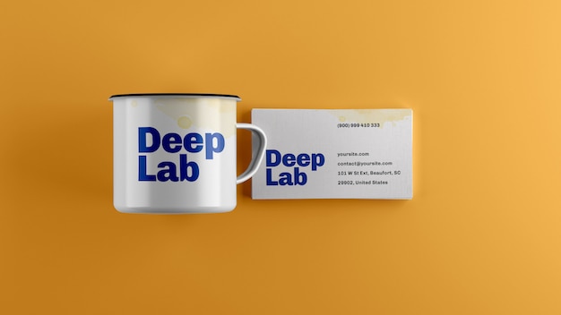 Premium business card with white enamel mug mockup 