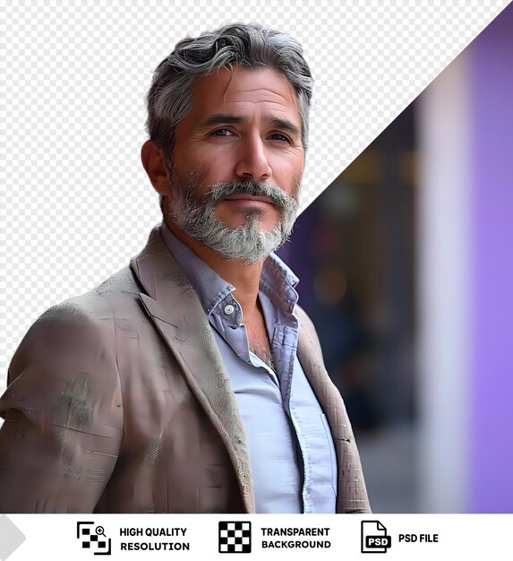 PSD premium of businessman with gray beard and hair wearing blue shirt and gray jacket with a prominent nose and brown eyes standing in front of a purple wall png psd