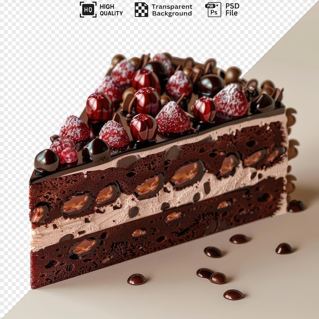 premium of chocolate cake slice on transparent background adorned with chocolate and red candies