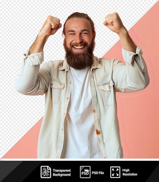 premium of close up portrait of attractive cheerful content powerful guy demonstrating biceps protein with both arms raised