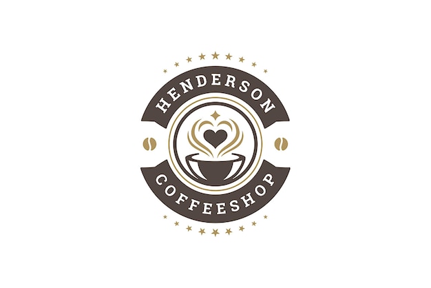 PSD premium coffeeshop vintage logo template design circle ribbon with coffee cup heart shape