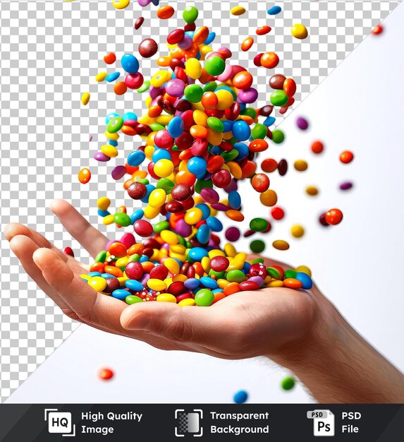 PSD premium colorful candies falling into hand on transparent background