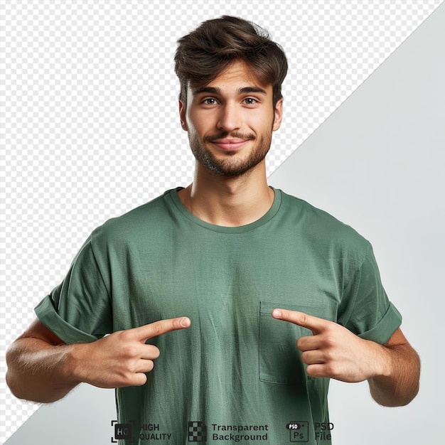 premium of confident points himselfe young handsome guy wearing green t shirt posing for the camera