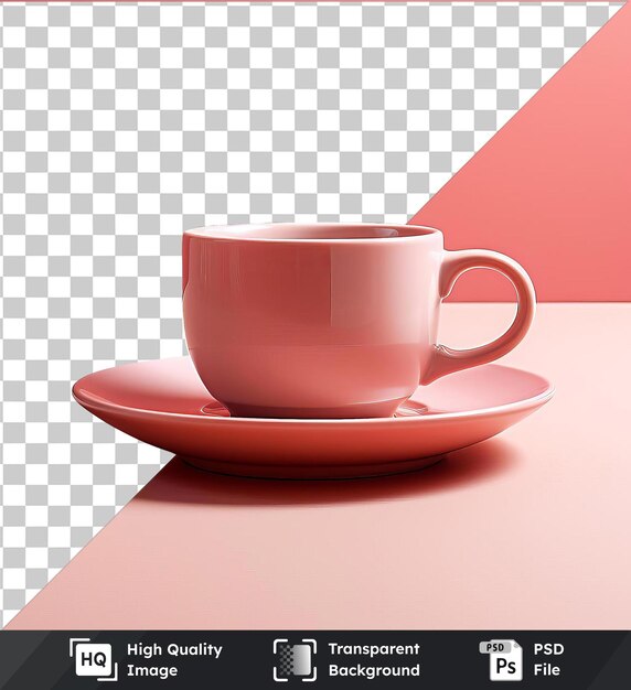 premium cup of tea and saucer on a pink table with a red and pink wall in the background casting a dark shadow