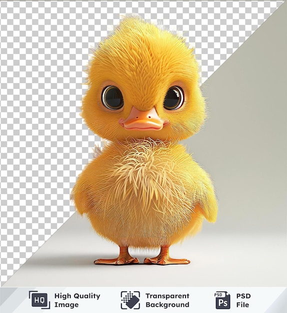 premium of cute baby duckling with big eyes orange beak and yellow head standing on orange feet