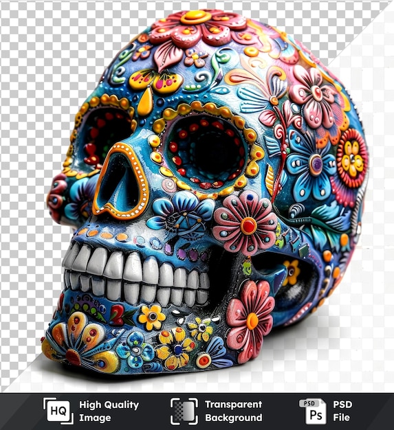 Premium day of the dead skull painted with vibrant motifs and colorful flowers set on transparent