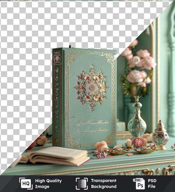 premium decorative ramadan calendar displayed on a green table adorned with pink and white flowers an open book and a decorative vase