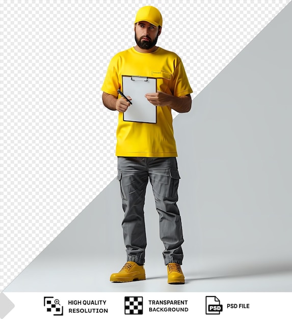 PSD premium of delivery man employee yellow cap blank tshirt uniform holding clipboard pen making notes