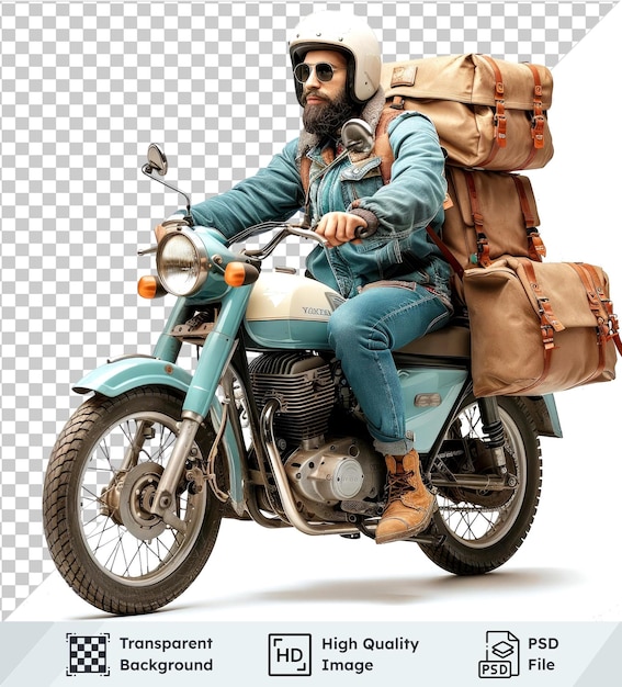 Premium of deliveryman riding a blue motorcycle with brown bag white helmet blue jeans and brown