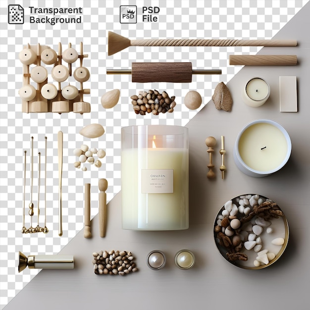 PSD premium of diy candle crafting set featuring a white candle candle holder and candle accompanied by a small brown cookie and a white flower all displayed on a transparent background