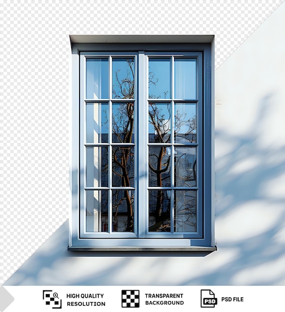 PSD premium of fireproof window with white shadow and bare tree in front of white building