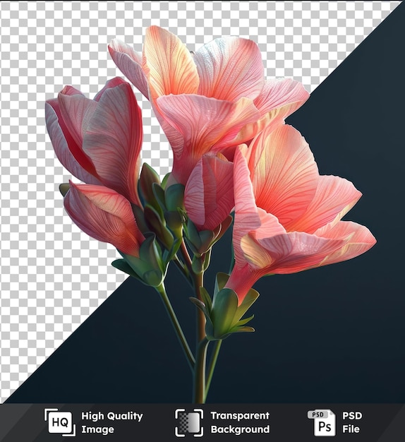 premium freesia flower with green stem and pink petals on black background