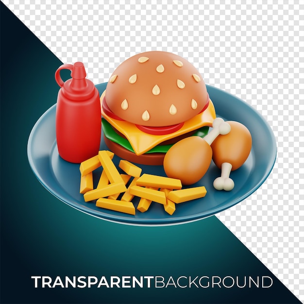 Premium fried fast food plate icon 3d rendering on isolated background PNG