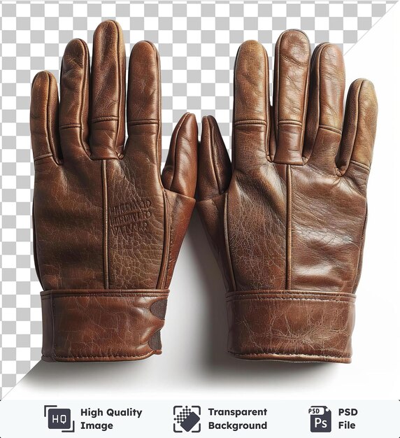 PSD premium front view capture a pair of gloves brown leather material fabric label