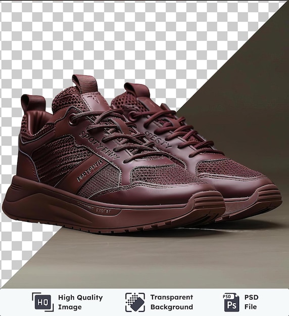 premium of front view capture a pair of sneakers maroon leather material fabric label