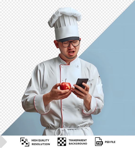 premium of frowning young chef wearing glasses uniform and cap using his mobile phone while eating apple