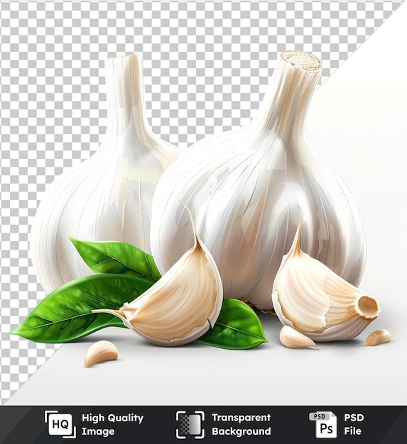 PSD premium garlic cloves green leaf and white vase on transparent background