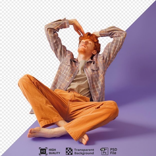 premium of a ginger man feeling slepy and stretching his legs while wearing a plaid shirt and orange pants with a purple wall in the background his bare foot and hand are visible as png