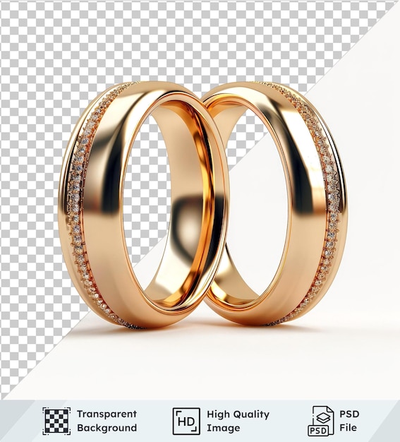 premium gold wedding rings isolated on transparent background with a white shadow in the foreground