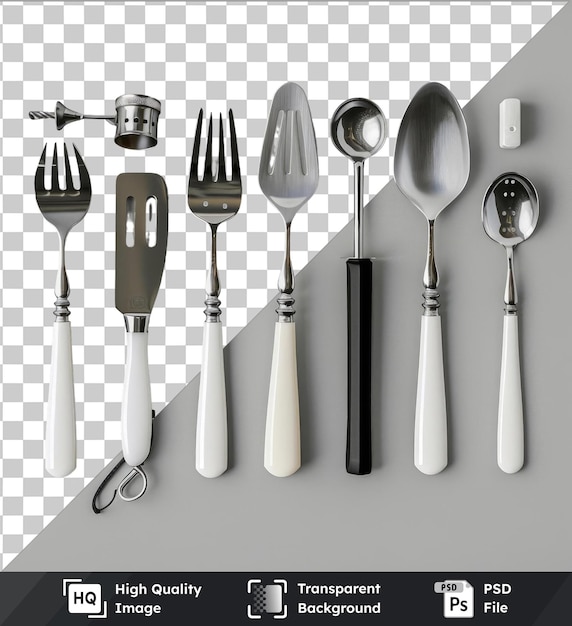 premium gourmet french cooking tools set featuring silver forks spoons and knives displayed against a white wall