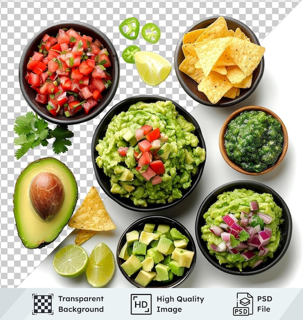 Premium guacamole set with yellow chip avocado lemon slices on transparent background