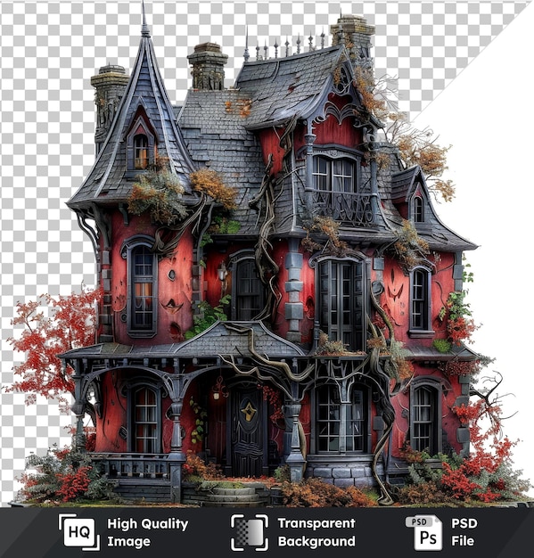 Premium of Halloween horror house with arched windows glass windows black door and red tree on