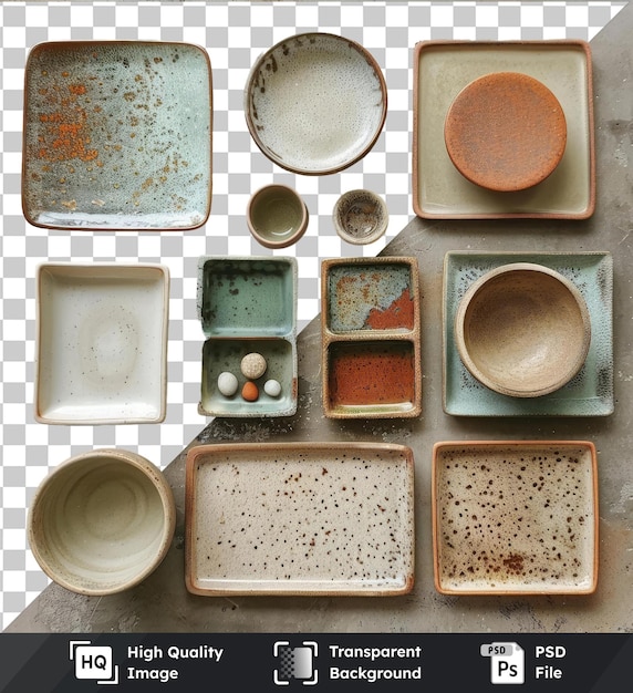 PSD premium handmade pottery collection set displayed on a table featuring a white bowl brown plate and square plate accompanied by a brown and orange egg