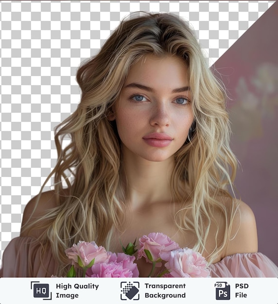 premium of high quality psd friendly caucasian young woman with long light blond hair in evening outfit holding flowers isolated on pink background