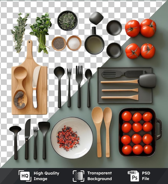 premium of high quality psd gourmet vegetarian cooking set featuring a variety of fresh produce including red tomatoes green broccoli and a variety of wooden spoons and forks