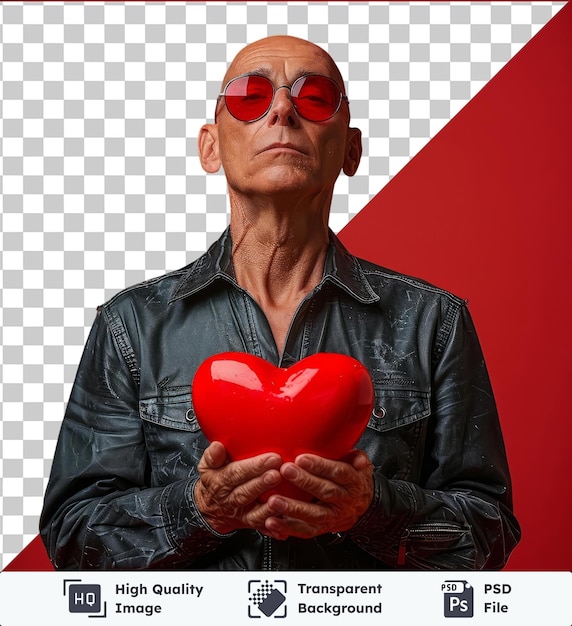 premium of high quality psd lovely caucasian man without hair in grey shirt black leather trousers red sunglasses and grey trainers shows offers and gives his red heart on a red background