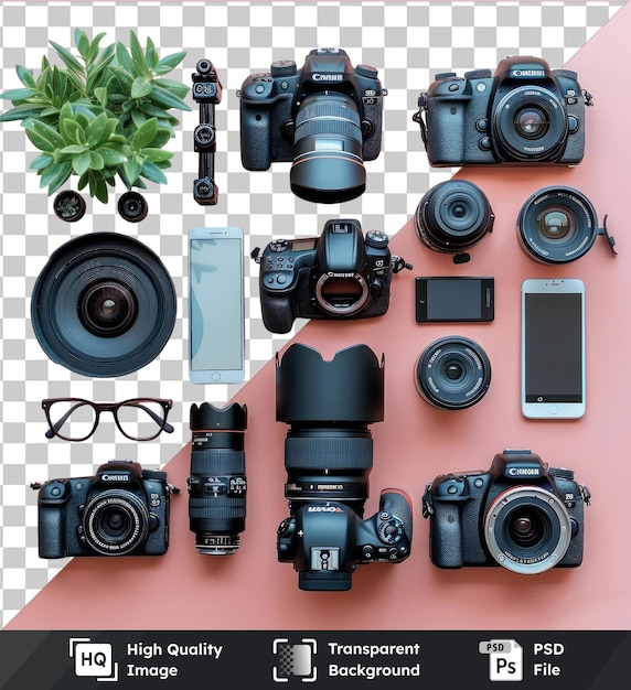 premium of high quality psd professional landscape photography gear set featuring a variety of cameras including black silver and black and silver models as well as a green plant and