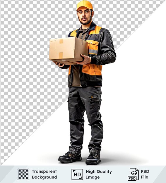 premium of highquality delivery man in black attire holding a box with visible hand in foreground