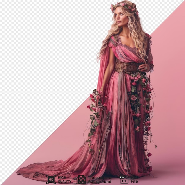 premium of hlin norse goddess of love with long blonde hair and a pink dress poses for a photo with a hand visible in the foreground