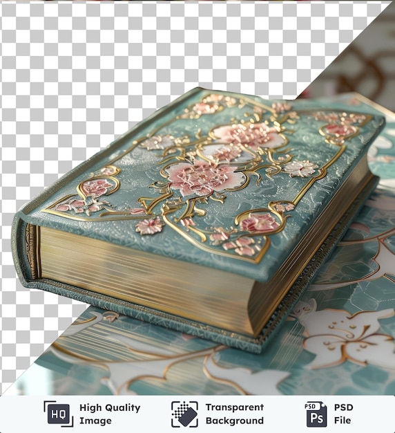 premium islamic history book for ramadan displayed on a table adorned with pink and white flowers