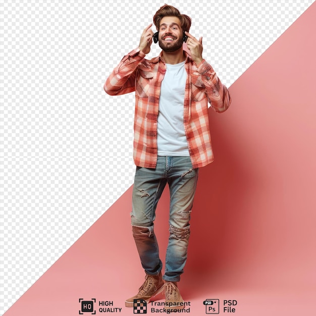 premium of joyful young handsome man looking camera showing call gesture while standing in front of a pink wall wearing a white and blue shirt blue jeans and brown shoes