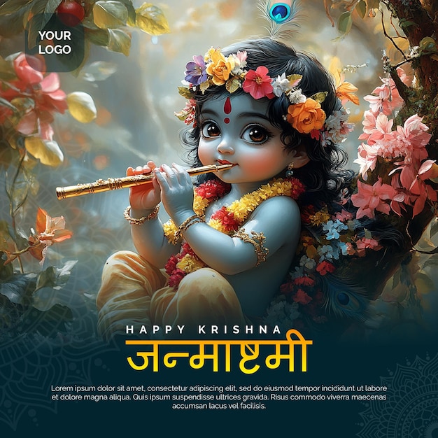 PSD premium krishna janmashtami celebration template with editable text and layers