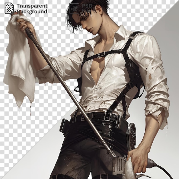 premium of levi ackerman from attack on titan poses with a sword wearing a white shirt and black belt with brown and black hair and a small ear visible