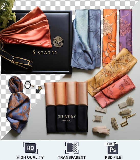 premium of luxury silk scarf collection set a blue tie a black box and a gold key displayed on a transparent background