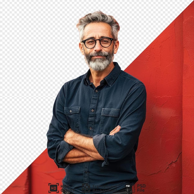 premium of a mature man standing in the yard near the offcie building wearing a blue shirt blue jeans and black glasses with gray hair and a gray beard against a red png