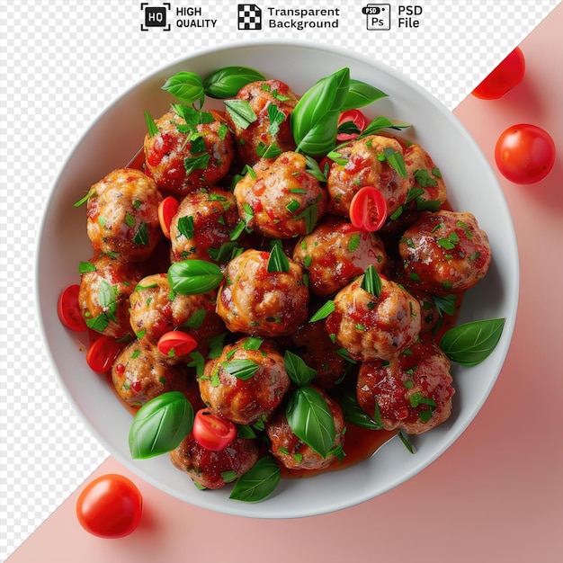 PSD premium of meatballs in a white bowl topped with tomatoes and green leaves on a pink table png psd